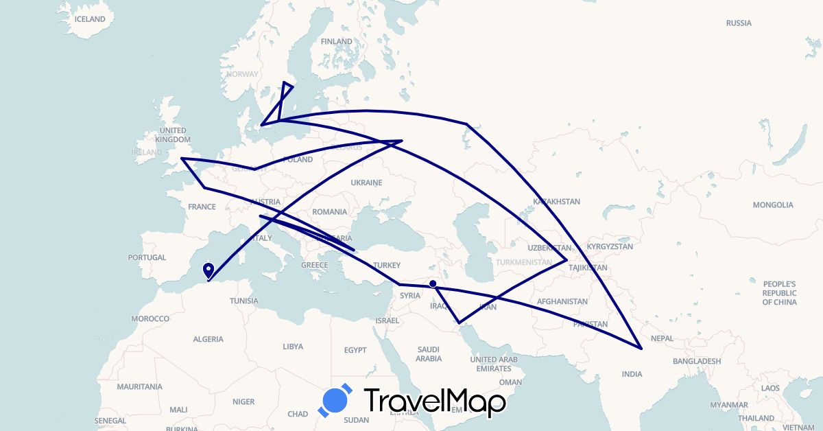TravelMap itinerary: driving in Germany, Denmark, Algeria, France, United Kingdom, India, Iraq, Italy, Russia, Sweden, Syria, Turkey, Uzbekistan (Africa, Asia, Europe)